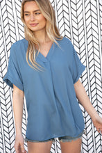 Load image into Gallery viewer, Dusty Blue V Neck Banded Dolman Woven Blouse
