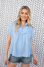 Load image into Gallery viewer, Baby Blue Cotton Linen Frayed Yoke Collared Top
