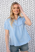 Load image into Gallery viewer, Baby Blue Cotton Linen Frayed Yoke Collared Top
