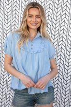 Load image into Gallery viewer, Baby Blue Cotton Linen Frayed Yoke Collared Top
