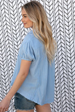 Load image into Gallery viewer, Baby Blue Cotton Linen Frayed Yoke Collared Top
