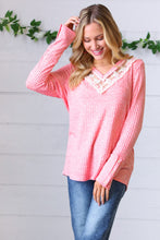 Load image into Gallery viewer, Coral Rib Lace V Neck Button Detail Top

