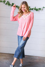 Load image into Gallery viewer, Coral Rib Lace V Neck Button Detail Top

