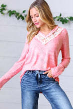 Load image into Gallery viewer, Coral Rib Lace V Neck Button Detail Top
