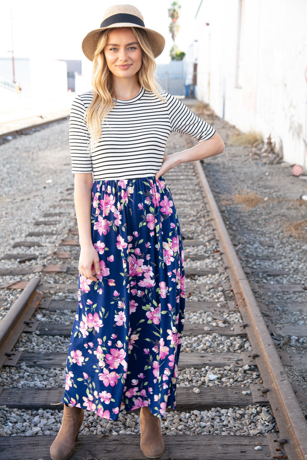 Navy Stripe and Floral Fit and Flare Maxi Dress