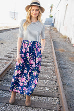 Load image into Gallery viewer, Navy Stripe and Floral Fit and Flare Maxi Dress
