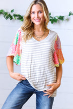 Load image into Gallery viewer, Multicolor Floral Patchwork Bell Sleeve Striped Top

