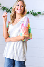 Load image into Gallery viewer, Multicolor Floral Patchwork Bell Sleeve Striped Top
