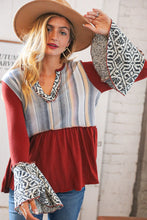 Load image into Gallery viewer, Berry Hacci Aztec Multistripe Outseam Bell Sleeve Top
