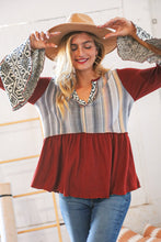 Load image into Gallery viewer, Berry Hacci Aztec Multistripe Outseam Bell Sleeve Top
