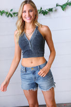 Load image into Gallery viewer, Ash Black Wash Rib Cropped Snap Button V Neck Bralette
