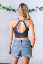 Load image into Gallery viewer, Ash Black Wash Rib Cropped Snap Button V Neck Bralette
