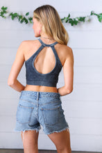 Load image into Gallery viewer, Ash Black Wash Rib Cropped Snap Button V Neck Bralette
