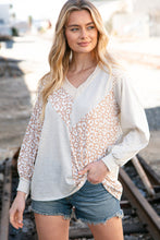 Load image into Gallery viewer, Beige Leopard Print Eyelet V Neck Raglan Top
