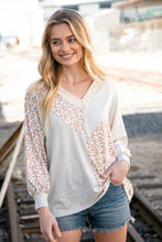 Load image into Gallery viewer, Beige Leopard Print Eyelet V Neck Raglan Top
