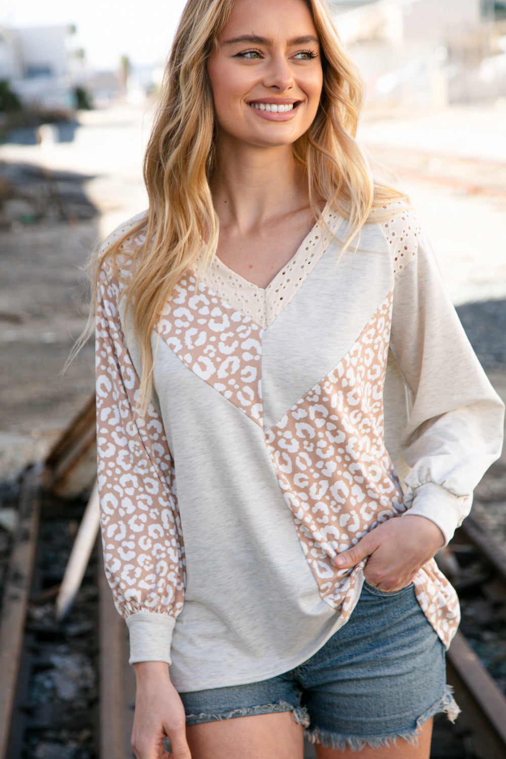 Beige Leopard Print Eyelet V Neck Raglan Top