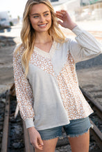 Load image into Gallery viewer, Beige Leopard Print Eyelet V Neck Raglan Top
