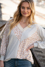 Load image into Gallery viewer, Beige Leopard Print Eyelet V Neck Raglan Top
