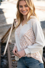 Load image into Gallery viewer, Beige Leopard Print Eyelet V Neck Raglan Top
