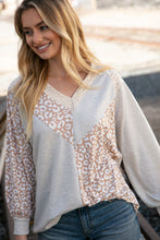 Load image into Gallery viewer, Beige Leopard Print Eyelet V Neck Raglan Top
