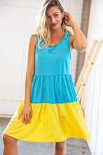 Load image into Gallery viewer, Blue Flare Color Block Tiered Woven Dress
