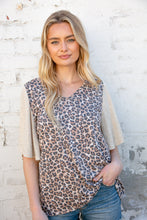 Load image into Gallery viewer, Beige V neck Leopard Print Bell Sleeve Color Block Top
