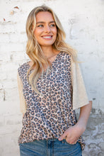 Load image into Gallery viewer, Beige V neck Leopard Print Bell Sleeve Color Block Top
