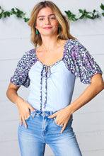 Load image into Gallery viewer, Sky Blue &amp; Floral Tie Neck Bubble Sleeve Top
