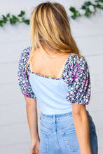 Load image into Gallery viewer, Sky Blue &amp; Floral Tie Neck Bubble Sleeve Top
