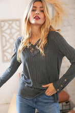 Load image into Gallery viewer, Dark Grey Ribbed Knit V Neck Lace Panel Top
