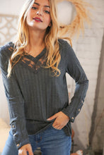 Load image into Gallery viewer, Dark Grey Ribbed Knit V Neck Lace Panel Top
