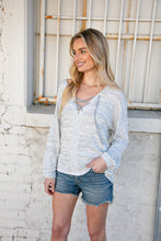 Load image into Gallery viewer, Grey Two Tone Knit V Neck Lace Up Color Block Top

