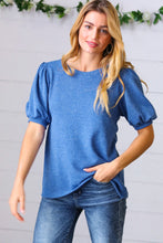 Load image into Gallery viewer, Azure Blue Puff Sleeve Two Tone Sweater Top
