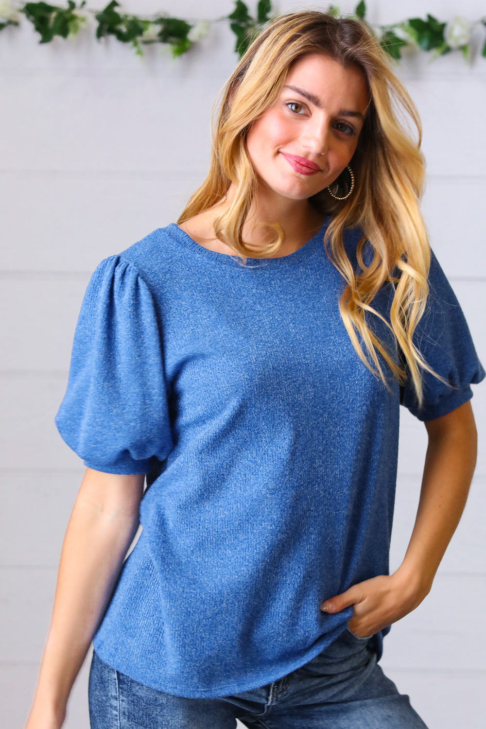 Azure Blue Puff Sleeve Two Tone Sweater Top