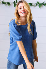 Load image into Gallery viewer, Azure Blue Puff Sleeve Two Tone Sweater Top
