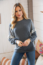 Load image into Gallery viewer, Charcoal Ditzy Floral Bubble Sleeve Lace Trim Pullover
