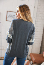 Load image into Gallery viewer, Charcoal Ditzy Floral Bubble Sleeve Lace Trim Pullover
