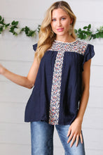 Load image into Gallery viewer, Navy Floral Embroidered Flutter Sleeve Top
