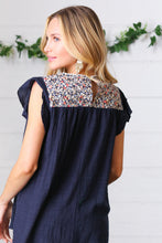 Load image into Gallery viewer, Navy Floral Embroidered Flutter Sleeve Top
