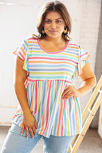 Load image into Gallery viewer, Rainbow Babydoll Peplum Rib Flutter Sleeve Top
