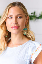 Load image into Gallery viewer, Handmade Teal Green &amp; Gold Beaded Pyramid Drop Earrings
