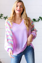 Load image into Gallery viewer, Lavender Two Tone Multi Color Stripe Raglan Top
