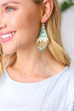 Load image into Gallery viewer, Handmade Teal Green &amp; Gold Beaded Pyramid Drop Earrings
