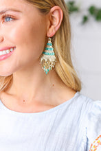 Load image into Gallery viewer, Handmade Teal Green &amp; Gold Beaded Pyramid Drop Earrings

