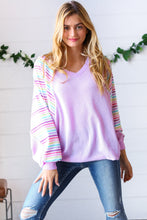 Load image into Gallery viewer, Lavender Two Tone Multi Color Stripe Raglan Top
