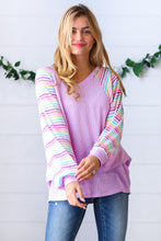 Load image into Gallery viewer, Lavender Two Tone Multi Color Stripe Raglan Top
