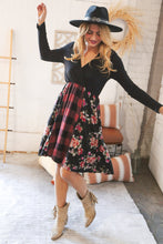 Load image into Gallery viewer, Black Rib Hacci Plaid &amp; Floral Two Fer Surplice Dress
