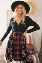 Load image into Gallery viewer, Black Rib Hacci Plaid &amp; Floral Two Fer Surplice Dress
