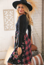 Load image into Gallery viewer, Black Rib Hacci Plaid &amp; Floral Two Fer Surplice Dress
