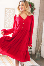 Load image into Gallery viewer, Festive Crepe V Neck Button Ruffle Tiered Lined Dress
